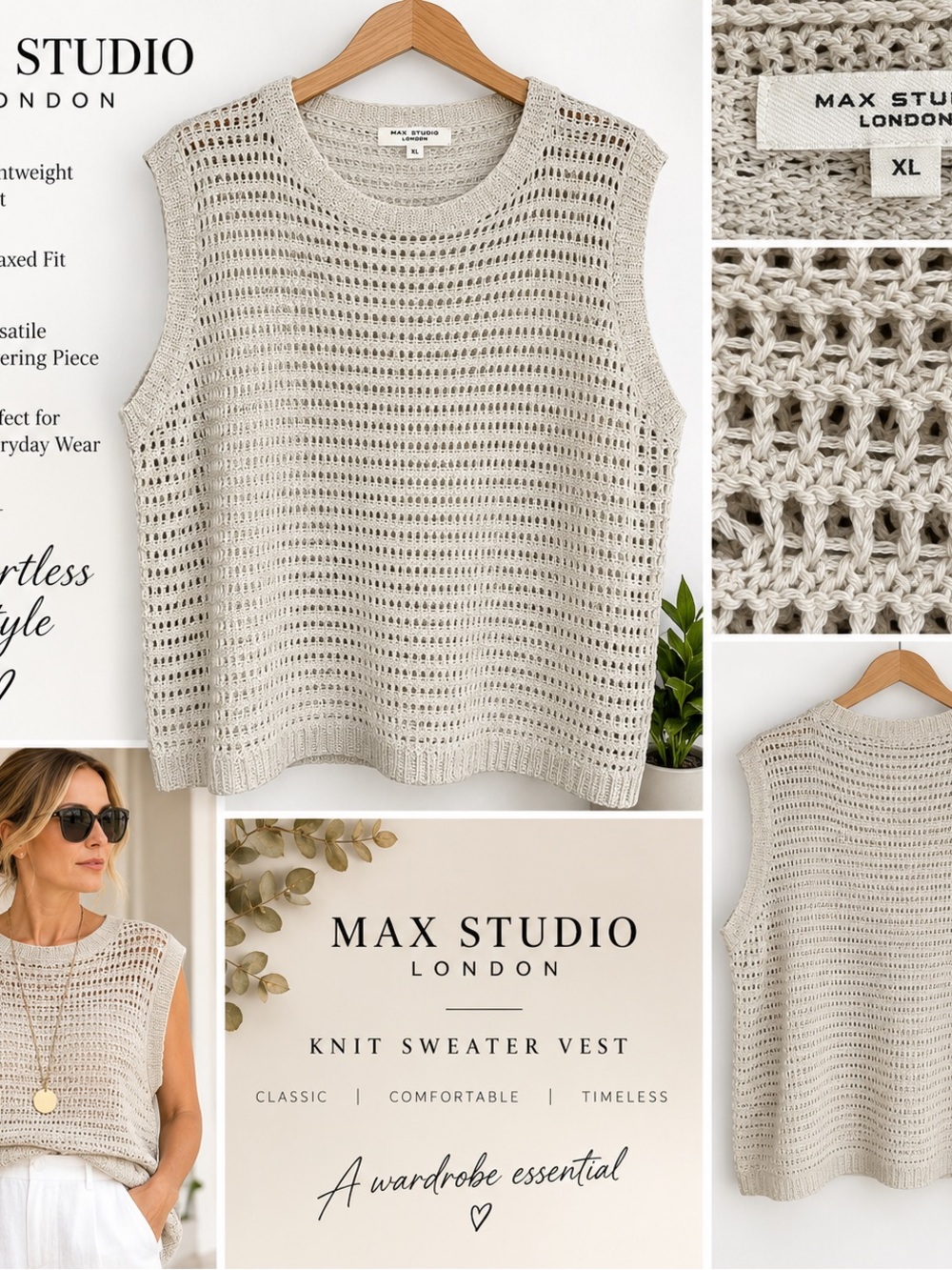 Max Studio Open-Knit Tank Top in Light Beige